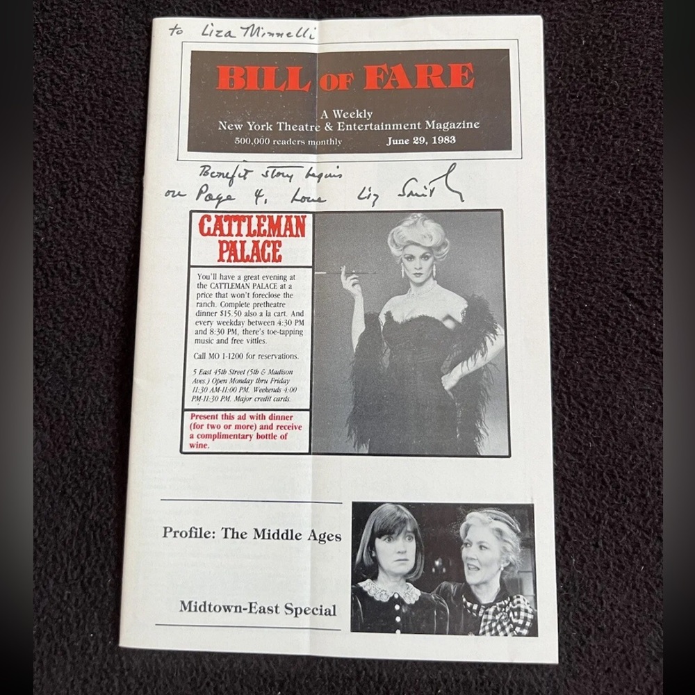 Liz Smith Note Signed Autographed To Liza Minnelli Bill Of Fare NY Mag. 6/29/83